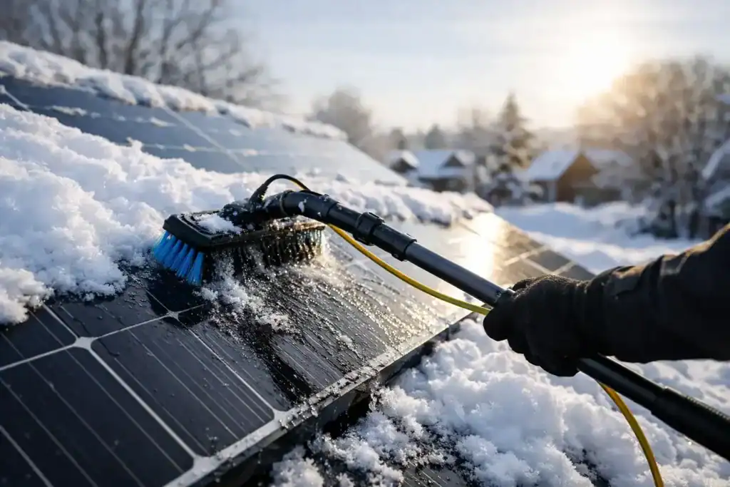 Rengøring af solceller om vinteren
